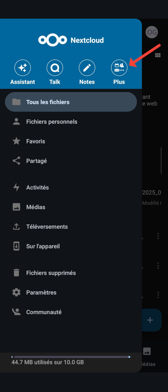 Nextcloud Files - Menu principal