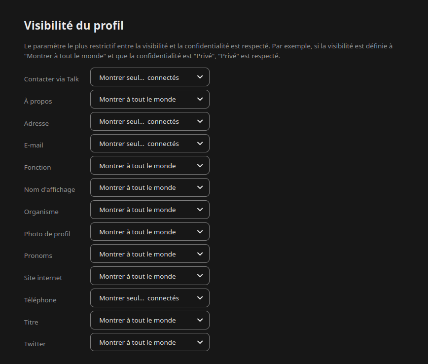 Nextcloud - Visibilité du profil
