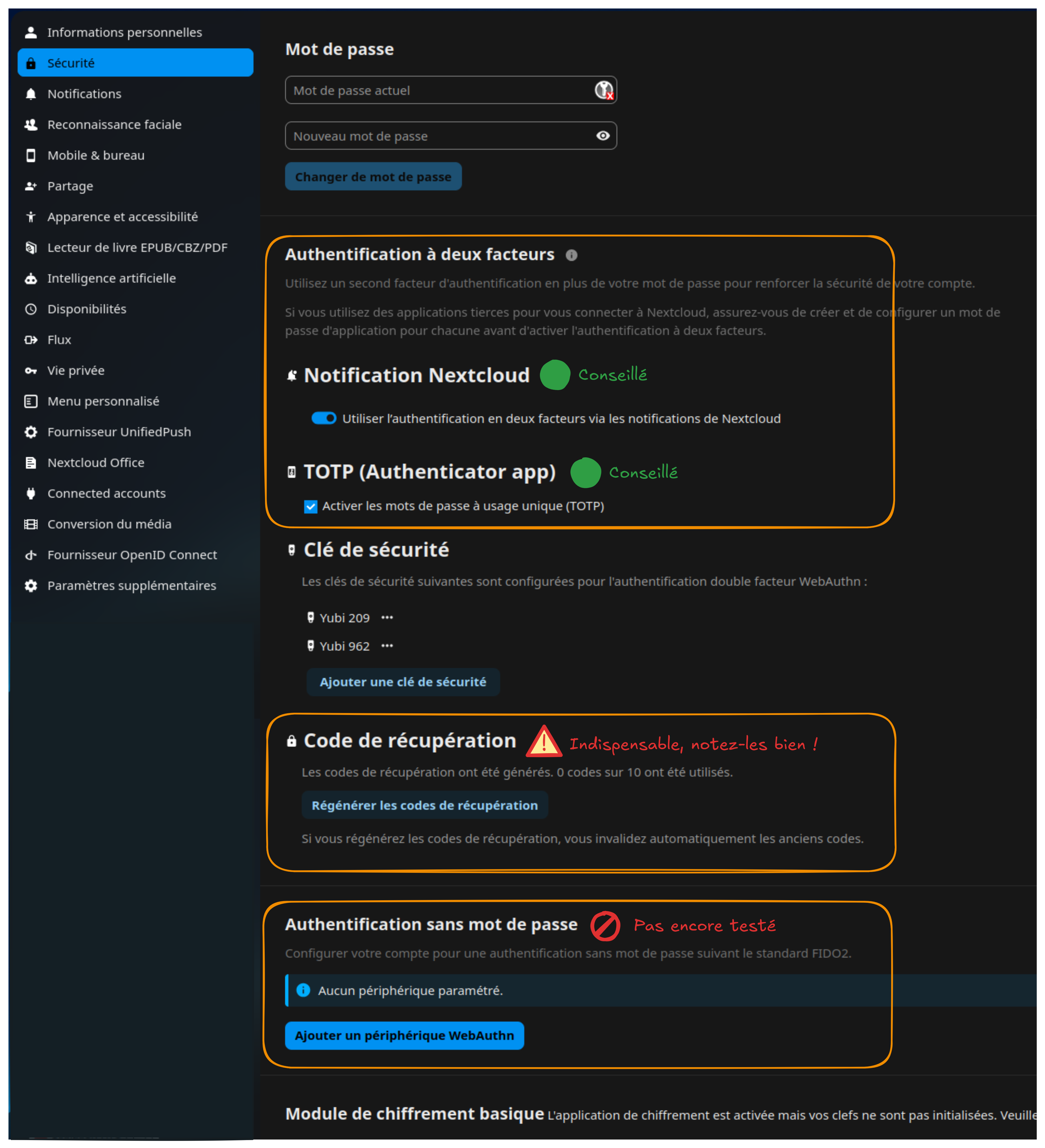 Nextcloud - Sécurité du compte utilisateur