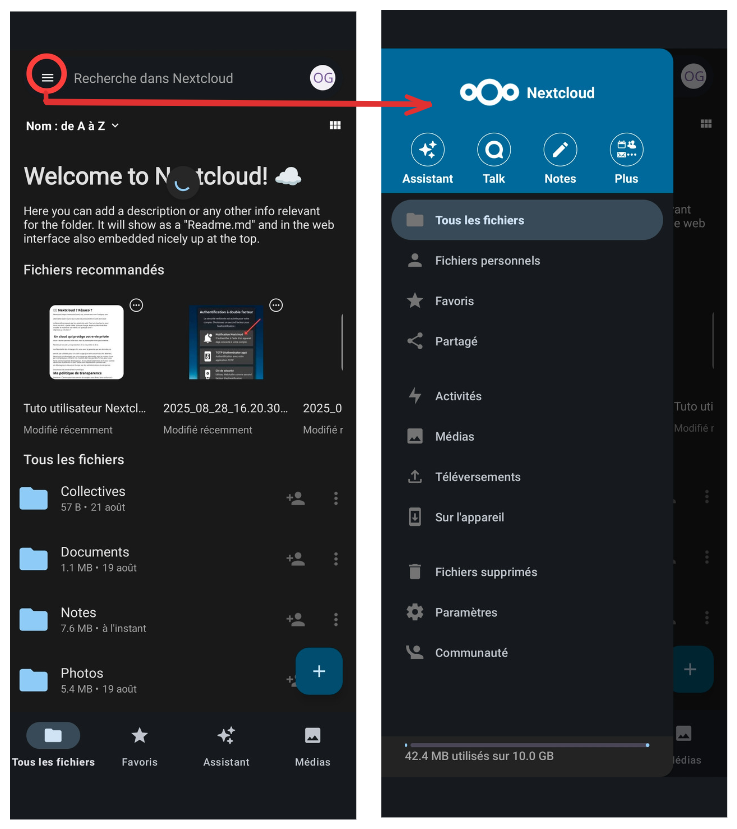 Nextcloud Files - Accès au menu principal