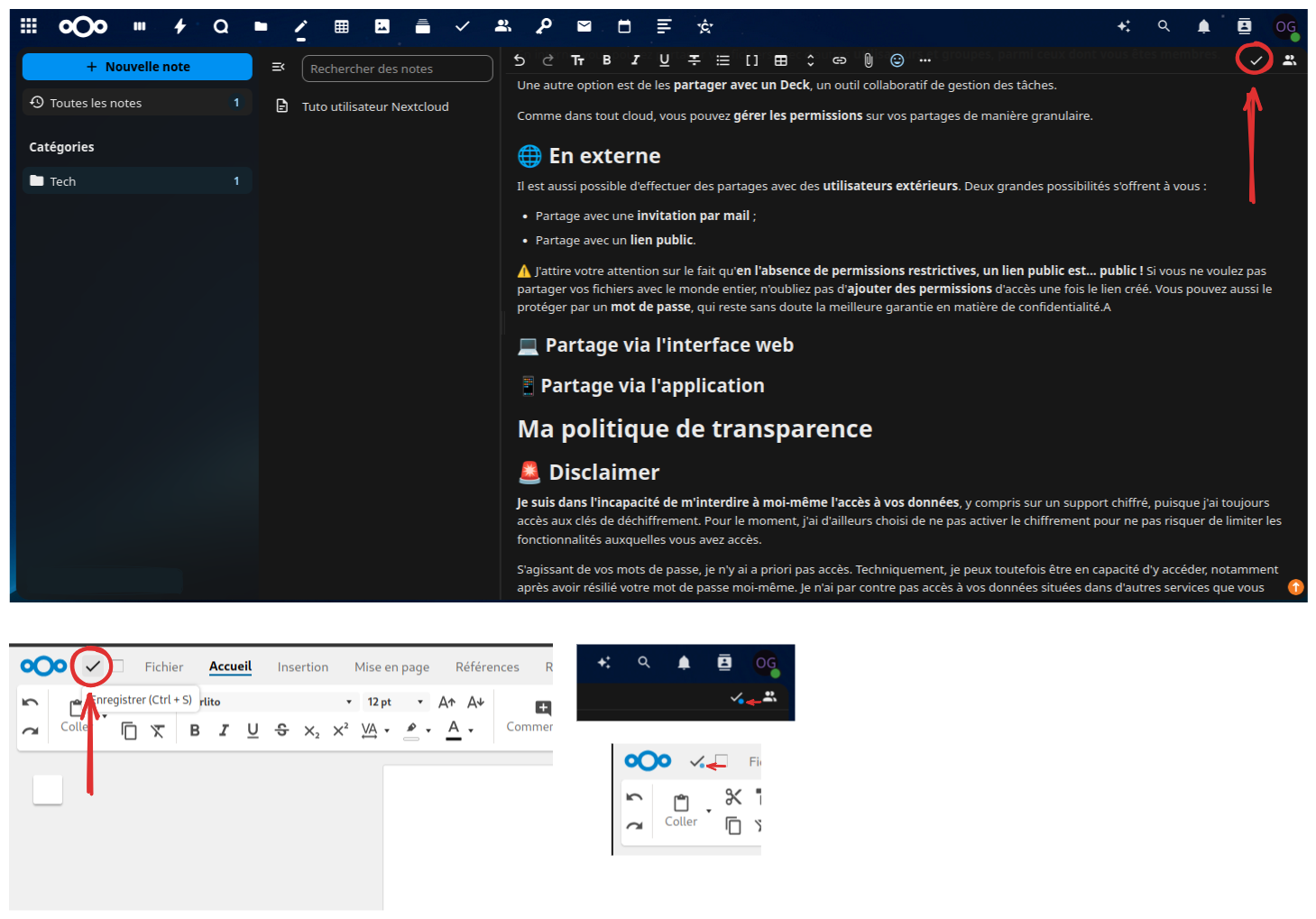 Nextcloud - Enregistrement : exemple avec Notes et avec Collabora