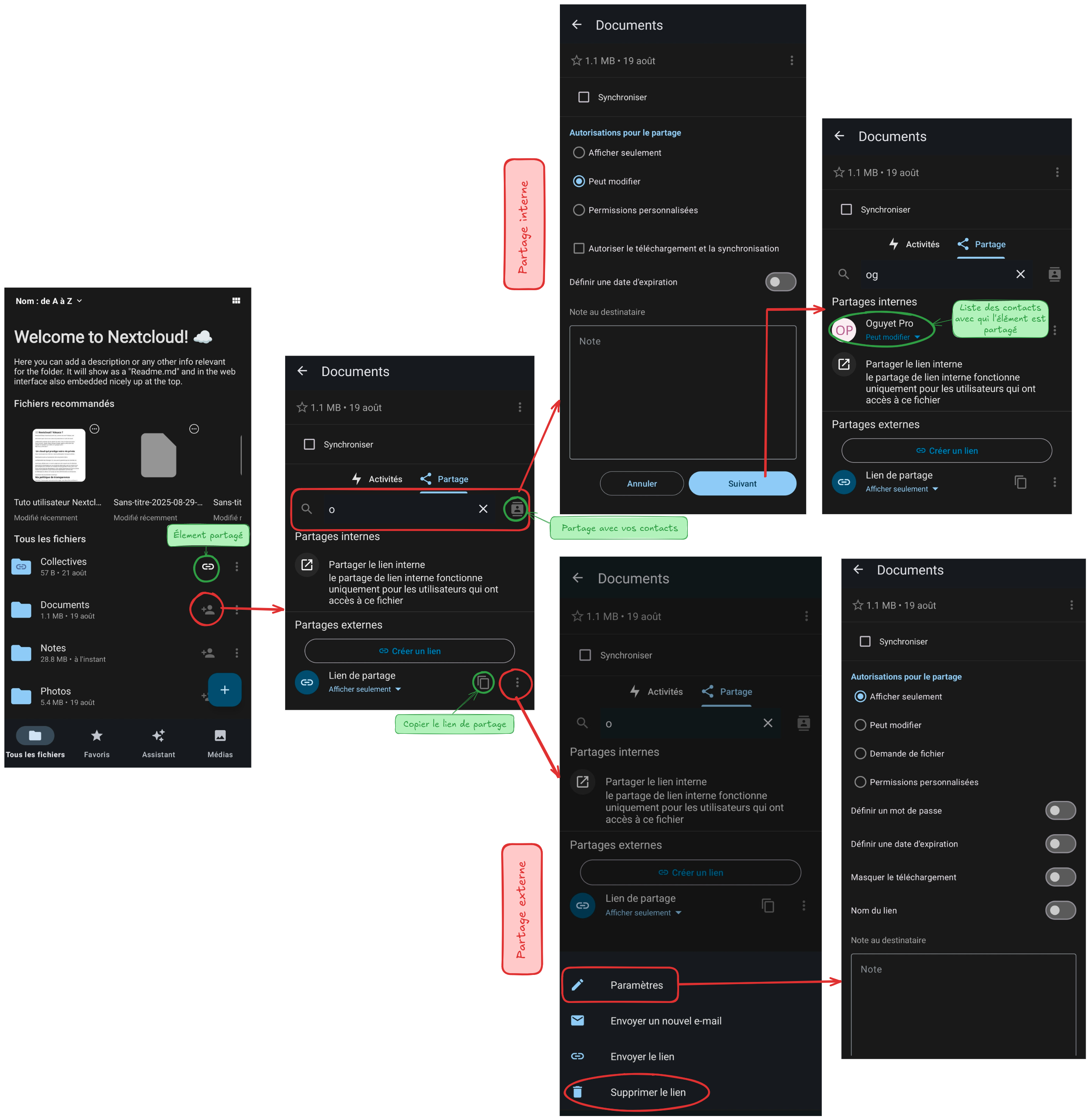 Nextcloud Files - Partage (en haut : en interne ; en bas : en externe)